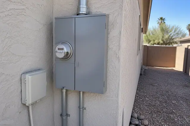 Contractor photo of a combined meter and main panel replacement on a stucco wall in Phoenix, AZ.