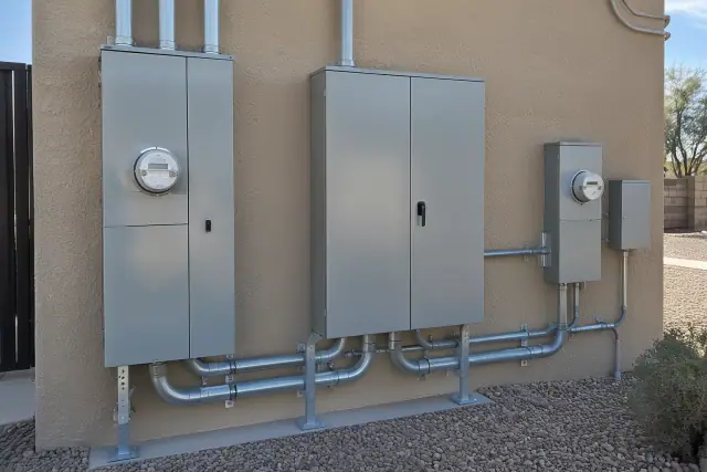 Commercial CT metering electrical meter box replacement on a stucco wall in Phoenix, AZ.