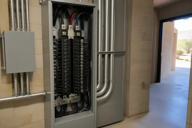 Commercial electrical panel upgrade in a Phoenix, AZ utility closet with heavy-gauge conduit.