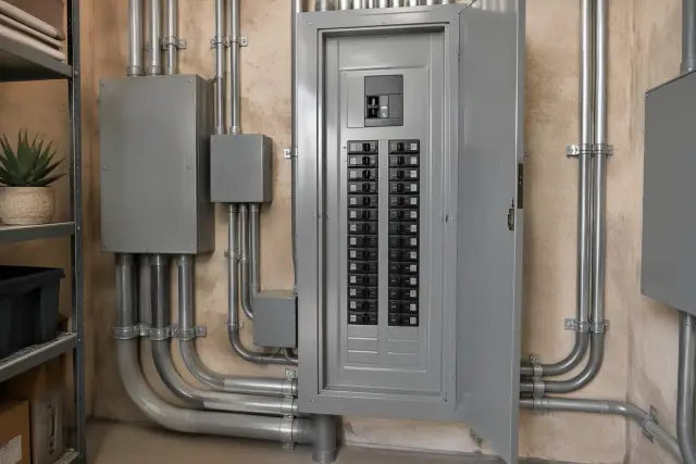 Commercial electrical panel upgrade with heavy-gauge conduit in Scottsdale, AZ.