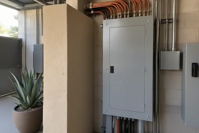Commercial electrical panel upgrade in a utility room in Phoenix, AZ, with heavy-gauge copper wiring and a metal deadfront.