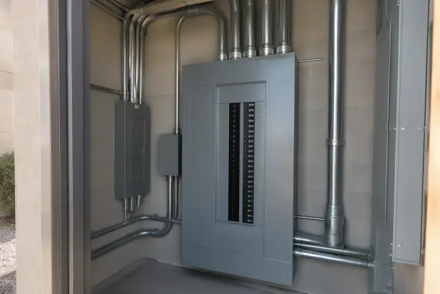 Commercial electrical panel upgrade with conduit runs inside a utility closet in Mesa, AZ.