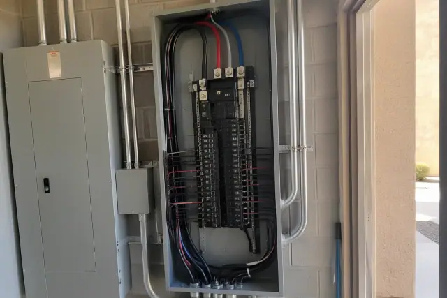 Commercial electrical panel upgrade with heavy-gauge wiring in Chandler, AZ.