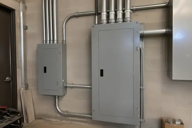 Commercial electrical panel upgrade with heavy-gauge wire raceways in a utility room in Phoenix, AZ.