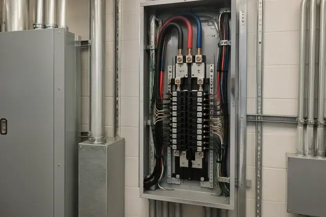 Commercial electrical panel upgrade with heavy-gauge copper conductors in Glendale, AZ.