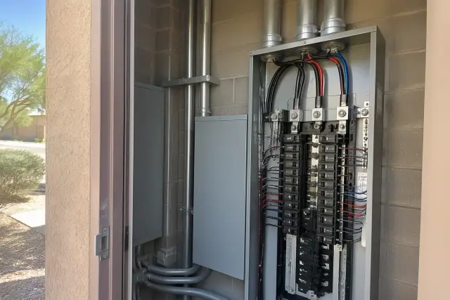 Commercial electrical panel upgrade with conduit and wiring in Gilbert, AZ.