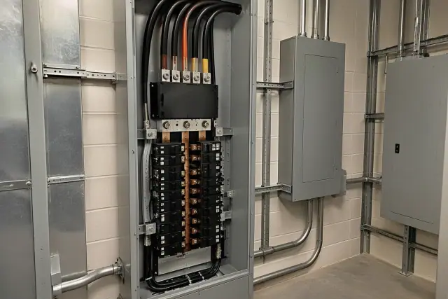 Industrial electrical panel upgrade with heavy-gauge wiring in Tempe, AZ.