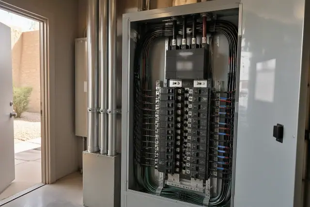 Upgraded commercial electrical panel with heavy-gauge wire terminations in Avondale, AZ.