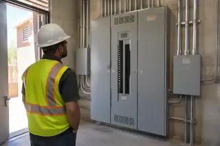 Service professional during a final walkthrough of a commercial panel upgrade in Phoenix, AZ.