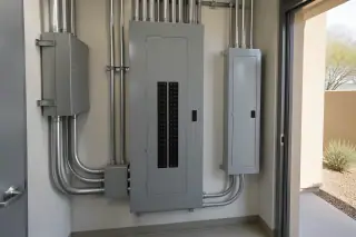 Large industrial panelboard and wire raceways in a commercial utility closet in Phoenix, AZ.