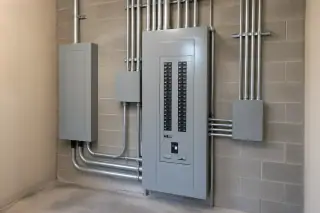 Wide view of a commercial electrical panel and wire raceways on a cinder block wall in Phoenix, AZ.