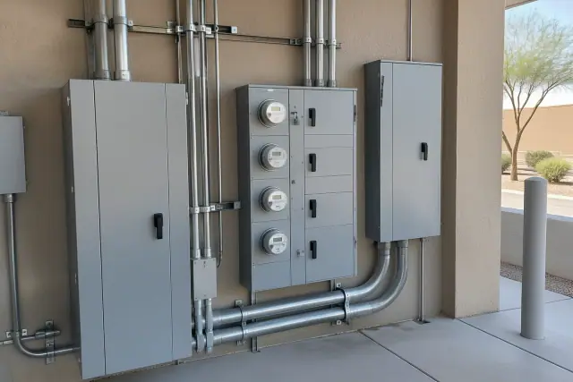 Commercial metering and switchgear installation for a 400 amp service upgrade in Phoenix, AZ.