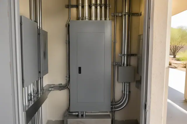 Commercial panel and conduit installation in a Phoenix, AZ utility closet.