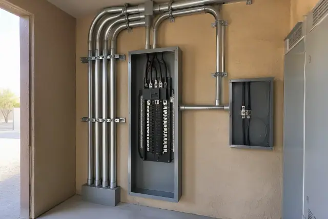Commercial panel upgrades and subpanel installation in a utility room in Phoenix, AZ.