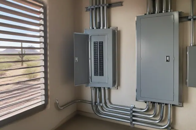 Commercial subpanel installation with conduit and mounting hardware on a stucco wall in Phoenix, AZ.
