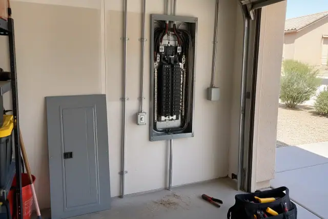Electrical panel with new breaker modules and copper wire trimmings on a garage floor in Phoenix, AZ.