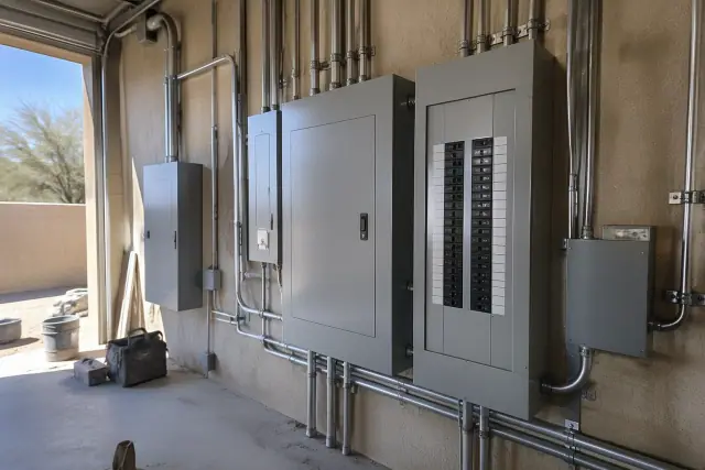 Commercial electrical panel replacement with conduit runs in a Phoenix, AZ utility room.