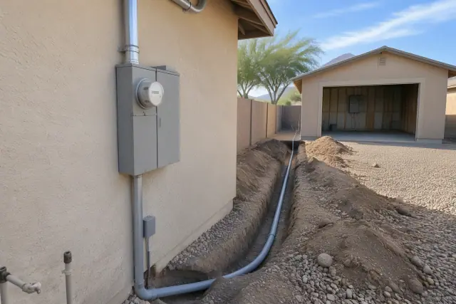 Open conduit trench leading to a detached garage subpanel on a stucco wall in Phoenix, AZ.