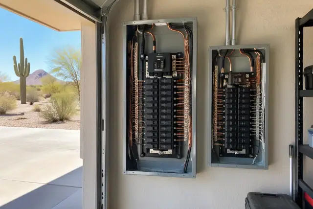 Copper bus bar load center for a Zinsco panel replacement in a Phoenix, AZ garage.