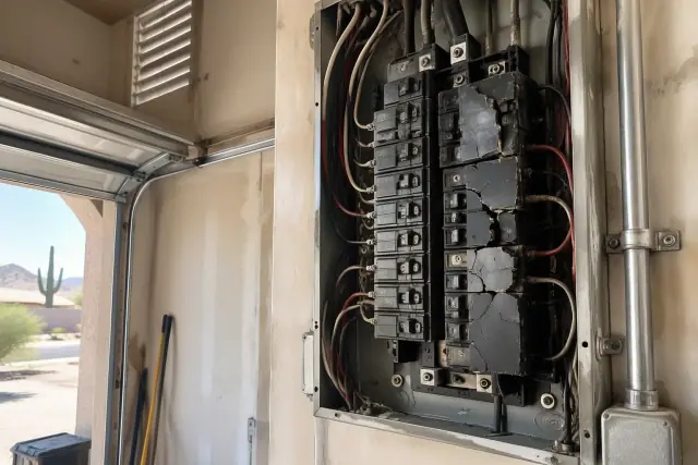 Cracked plastic housings on an aging electrical panel breaker in a residential garage in Phoenix, AZ.