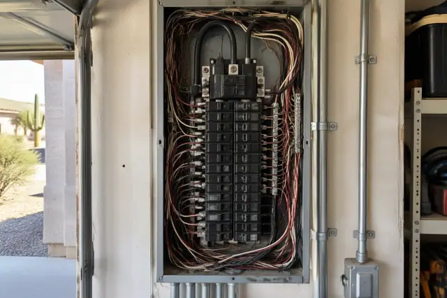 Crowded circuit breakers and heavy-gauge wires inside an aging electrical panel in a Phoenix, AZ garage.