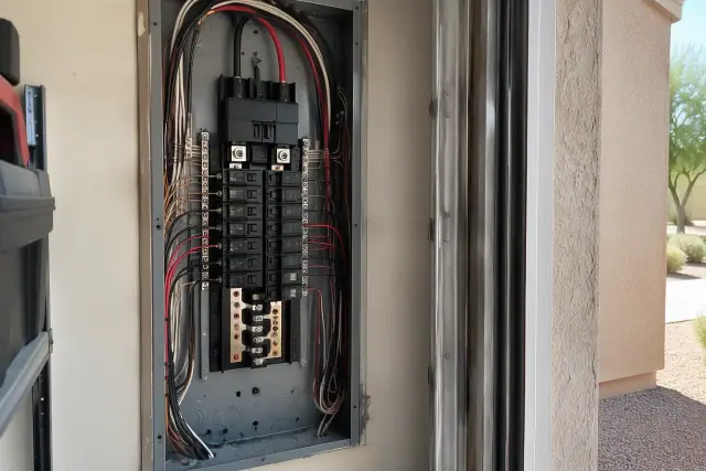Double pole breakers and copper wires inside an electrical panel in a Phoenix, AZ garage.