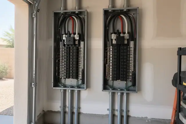 Dual 200 amp electrical panel upgrade with heavy gauge cables in a Phoenix, AZ garage.
