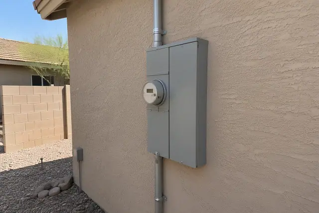 Electrical meter box replacement on a stucco wall in Peoria, AZ.