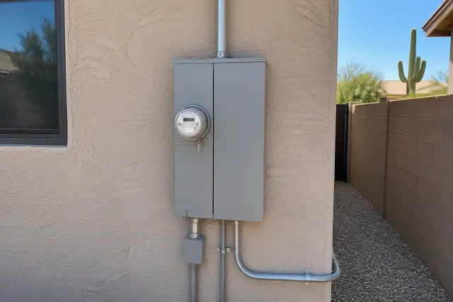 Electrical meter box replacement on an exterior masonry wall with overhead conduit in Scottsdale, AZ.