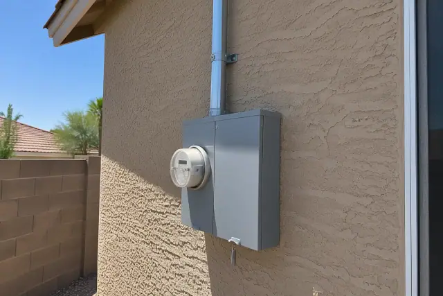 Electrical meter box replacement on a stucco wall with overhead conduit in Phoenix, AZ.