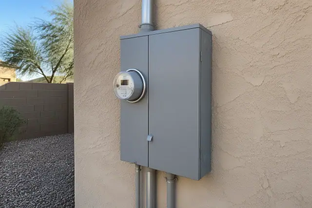 Newly installed gray electrical meter box on a stucco wall in Tempe, AZ.