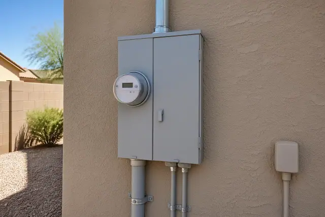 New electrical meter box replacement on a stucco wall in Buckeye, AZ.