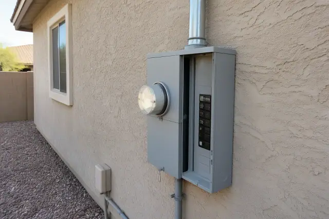 Electrical meter box replacement on a stucco wall in Gilbert, AZ.