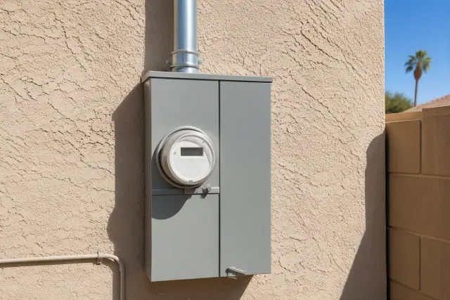 Upgraded electrical meter box replacement on a stucco exterior wall in Glendale, AZ.