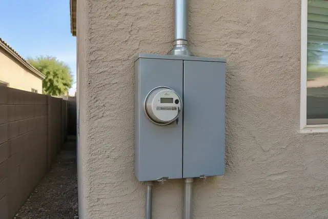 Electrical meter box replacement and conduit on an exterior stucco wall in Avondale, AZ.