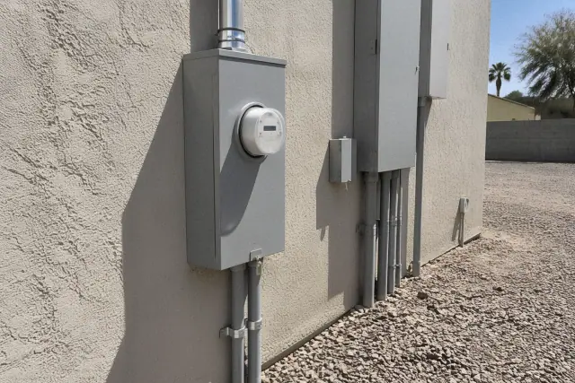 Electrical meter box replacement on a stucco wall at a Phoenix, AZ jobsite.