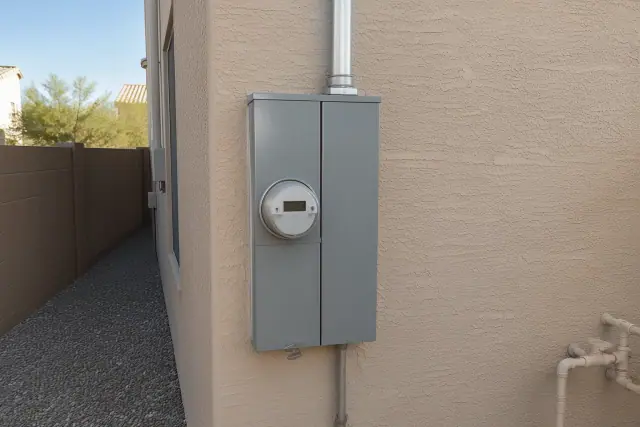 Newly replaced electrical meter box and main breaker enclosure on an exterior stucco wall in Chandler, AZ.