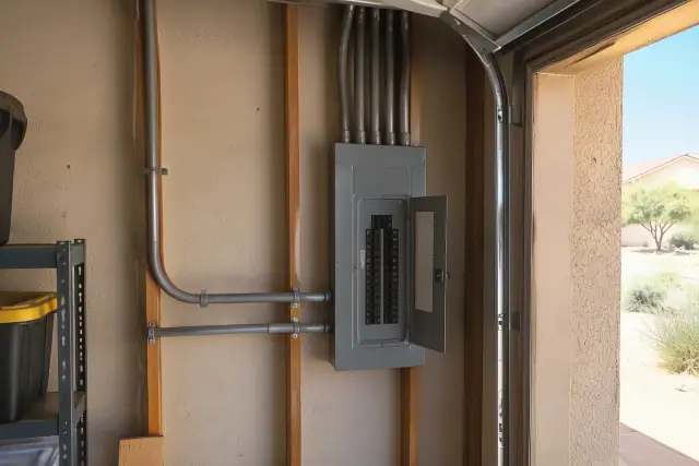 Electrical panel service with conduit and breaker enclosure in a Phoenix, AZ garage.