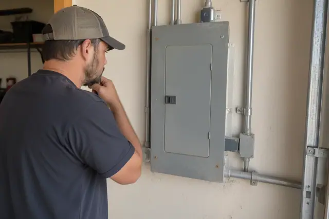 Electrician assessing an older residential electrical panel on a garage wall in Phoenix, AZ.