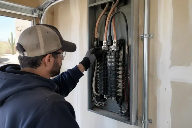 Electrician inspecting an open electrical panel and service conductors in Phoenix, AZ.