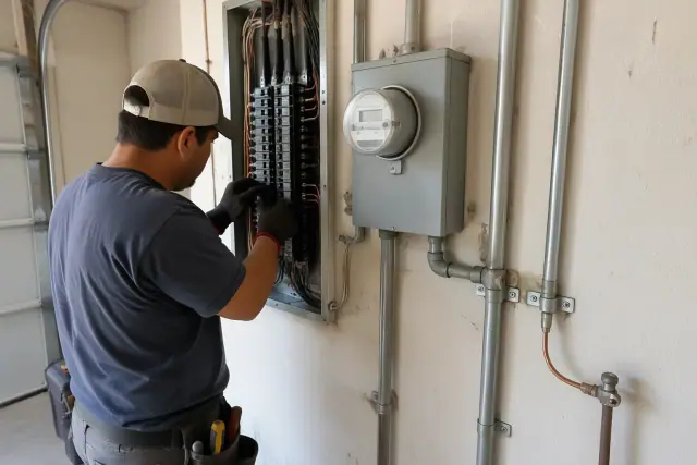 Electrician inspecting meter and panel wiring in a Phoenix, AZ residential garage.