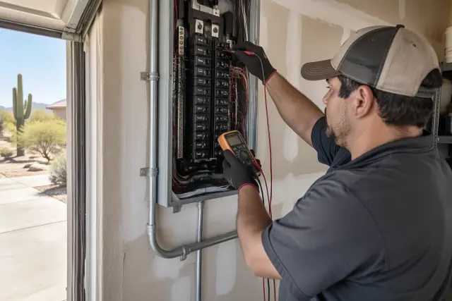 Electrician load testing a circuit breaker on a residential panel in Phoenix, AZ.
