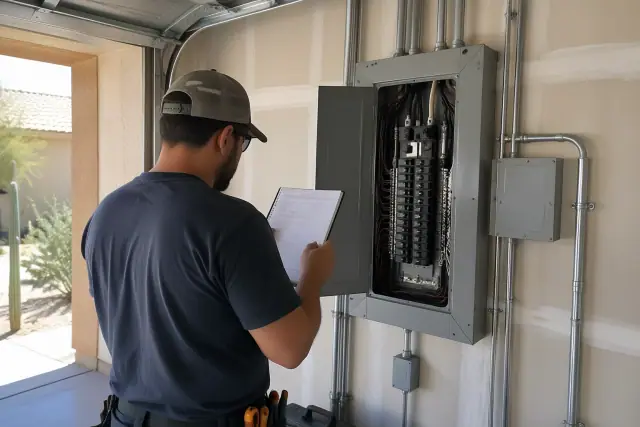 Electrician reviewing a load calculation notepad beside an open breaker box in a Phoenix, AZ garage.