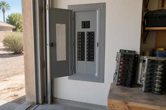 Completed Federal Pacific and Challenger panel replacement in a residential garage in Phoenix, AZ.