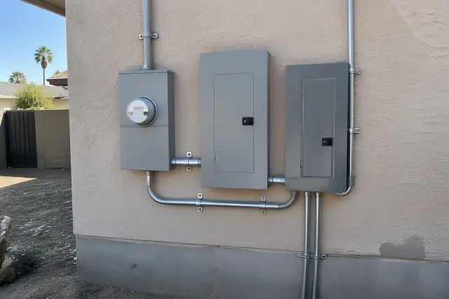 Federal Pacific and Zinsco panel replacement on a stucco wall in Phoenix, AZ.