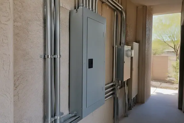 Commercial electrical panel upgrade in Phoenix, AZ, featuring a newly mounted industrial panelboard and heavy-gauge wire