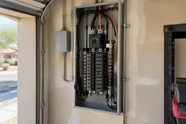 Federal Pacific panel replacement in a residential garage in Gilbert, AZ.