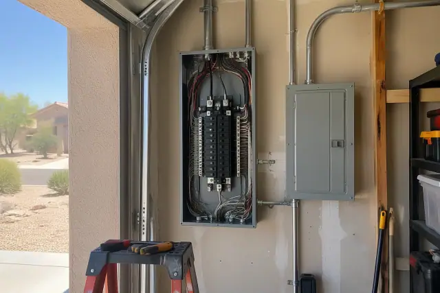 Federal Pacific electrical panel replacement in progress on a garage wall in Surprise, AZ.
