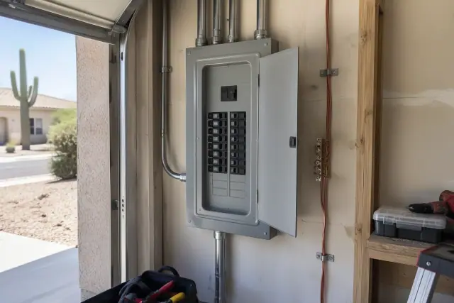 Federal Pacific panel replacement in a Mesa, AZ garage showing a new breaker enclosure and grounding wire.