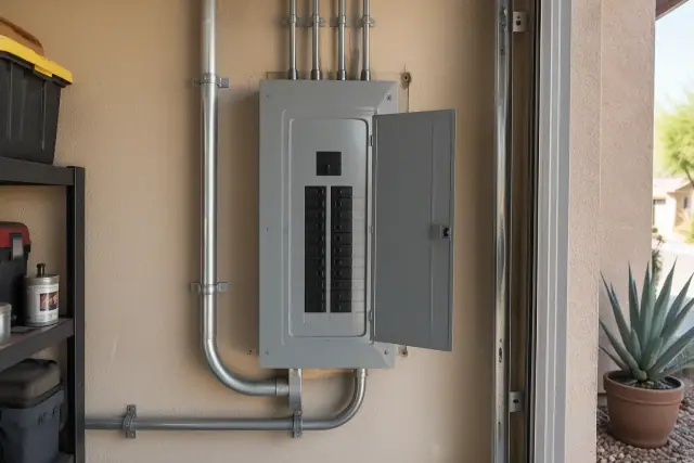 Newly installed electrical panel on a garage wall in Chandler, AZ.